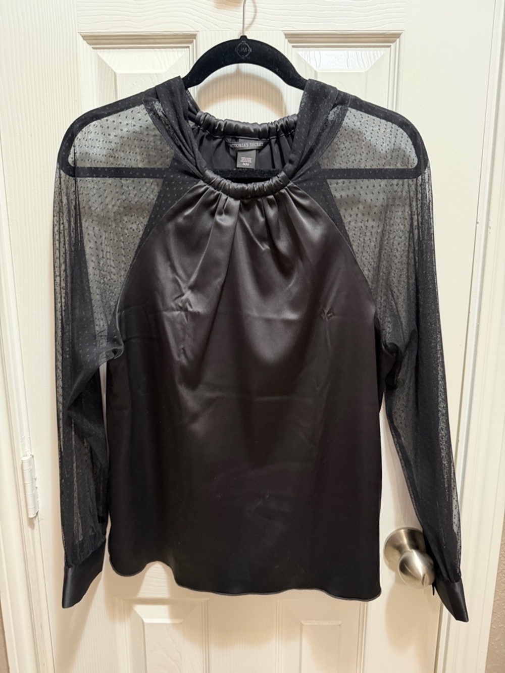 Victoria's Secret Black Satin Front Sheer Mesh Sleeve Top
